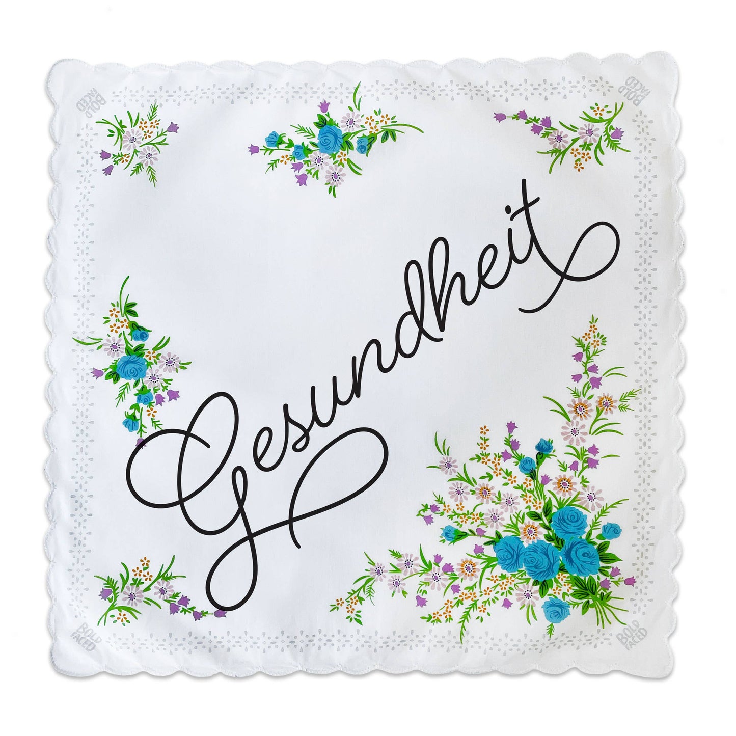 Playful cotton handkerchief measuring 12 x 12 inches, displayed on a white surface. Features cheeky printed text and is made from 100% cotton. Machine washable, dry flat, and iron safe.