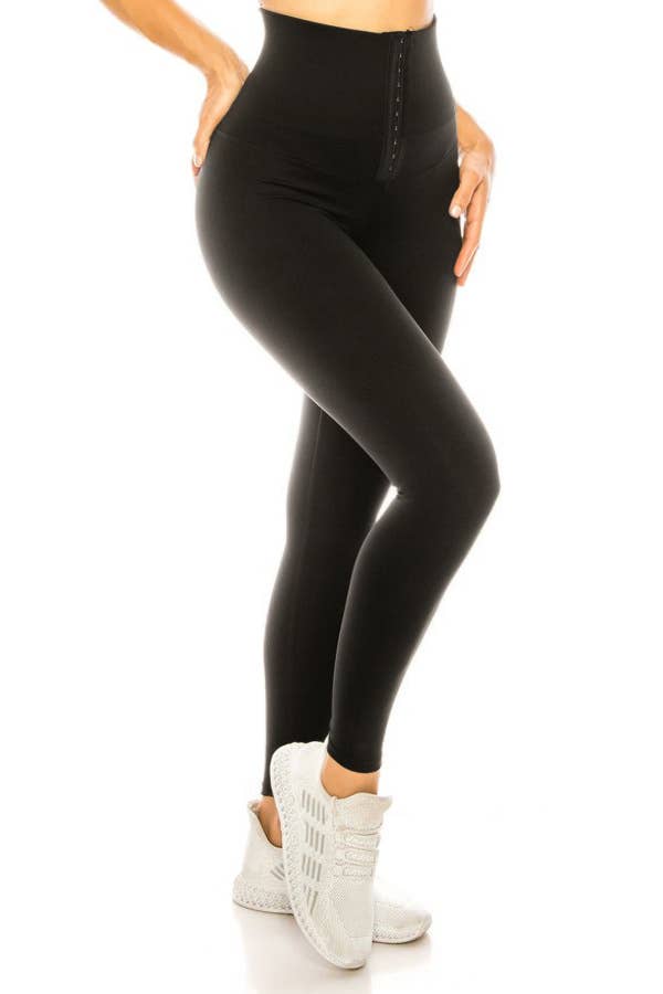 Solid Color High Waist Body Shaper Yoga Leggings – Adjustable Hook Waistband – Faja Toning Fit