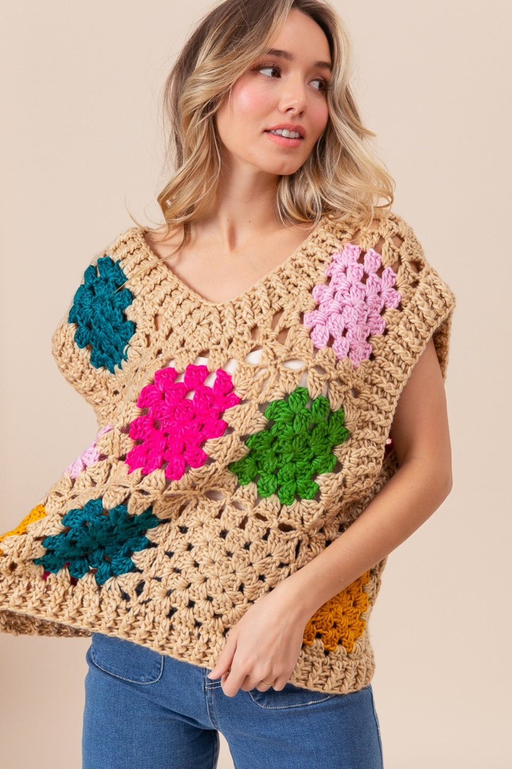 Granny Square Openwork Sweater Vest