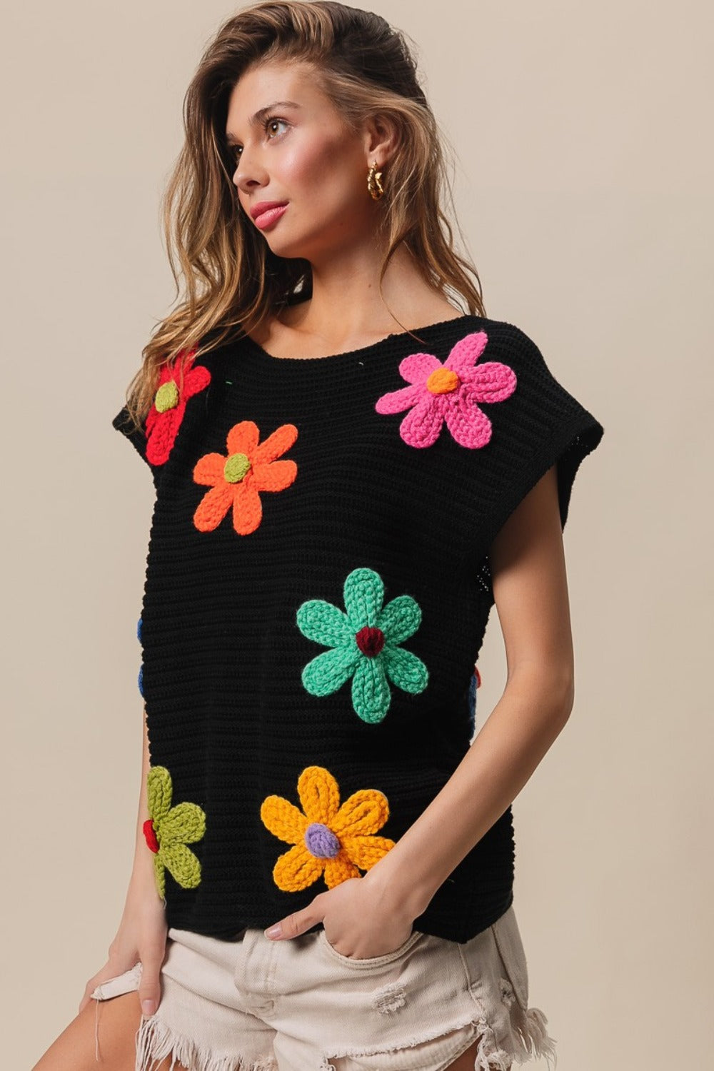 Flower Round Neck Cap Sleeve Knit Top in Black