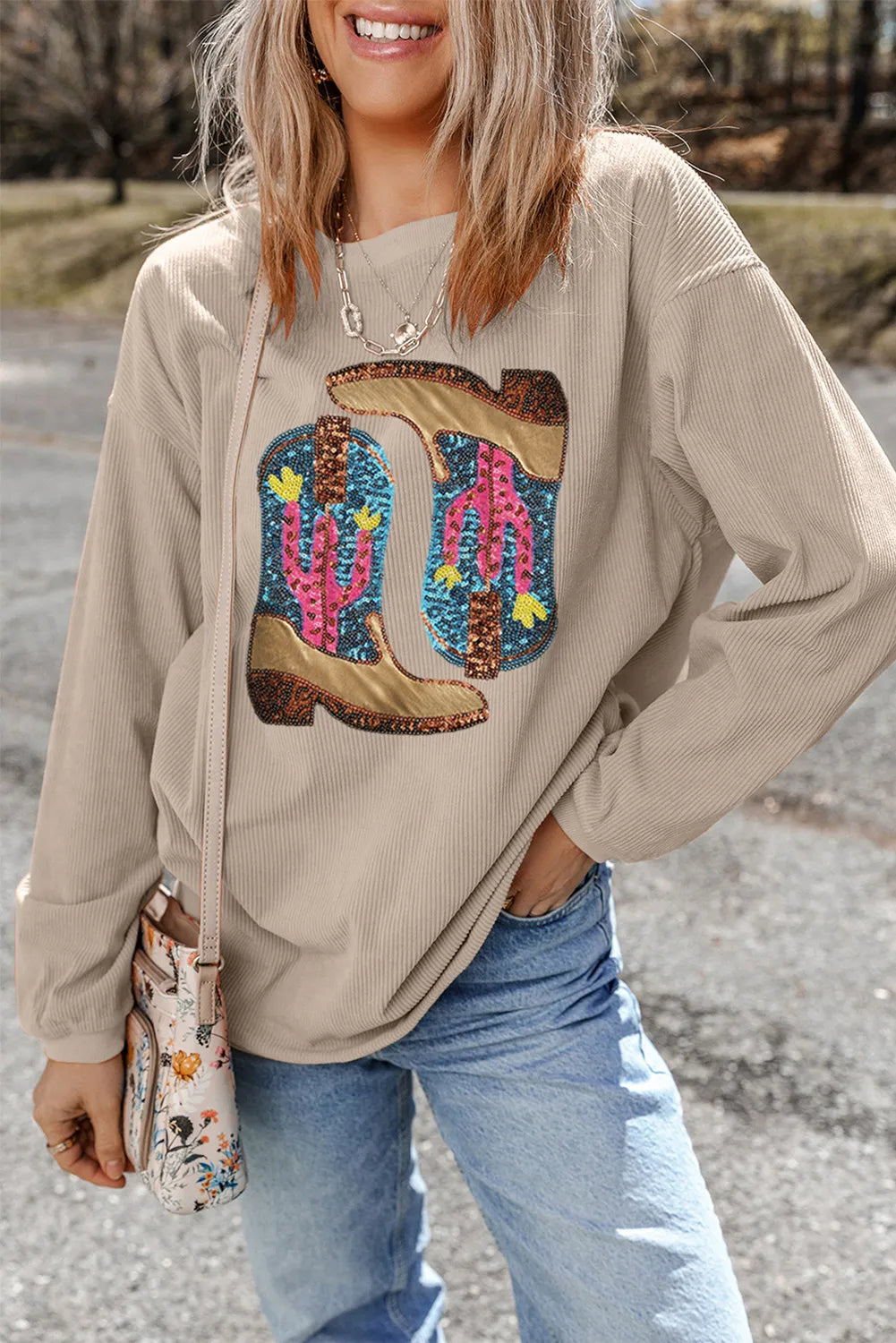 Sequin Boots Long Sleeve Sweatshirt