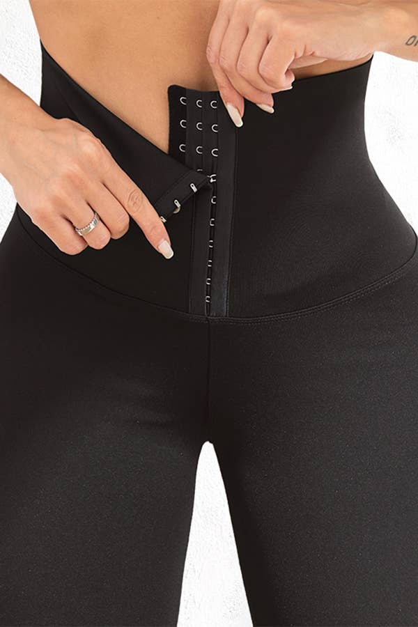 Solid Color High Waist Body Shaper Yoga Leggings – Adjustable Hook Waistband – Faja Toning Fit