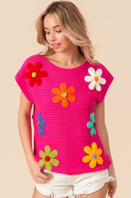 Hot Pink Flower Round Neck Cap Sleeve Knit Top