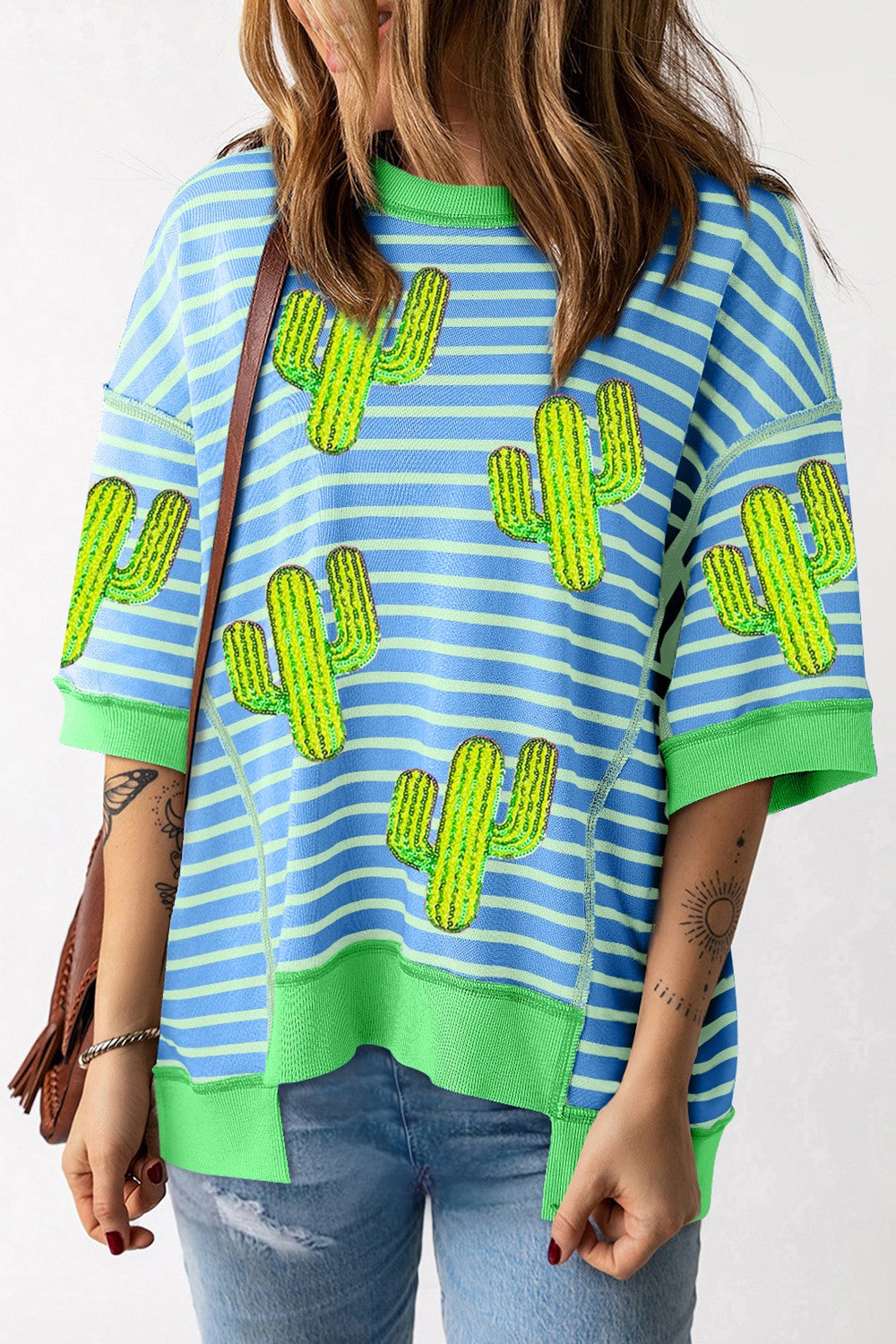 Sequin Cactus Striped Half Sleeve Tee