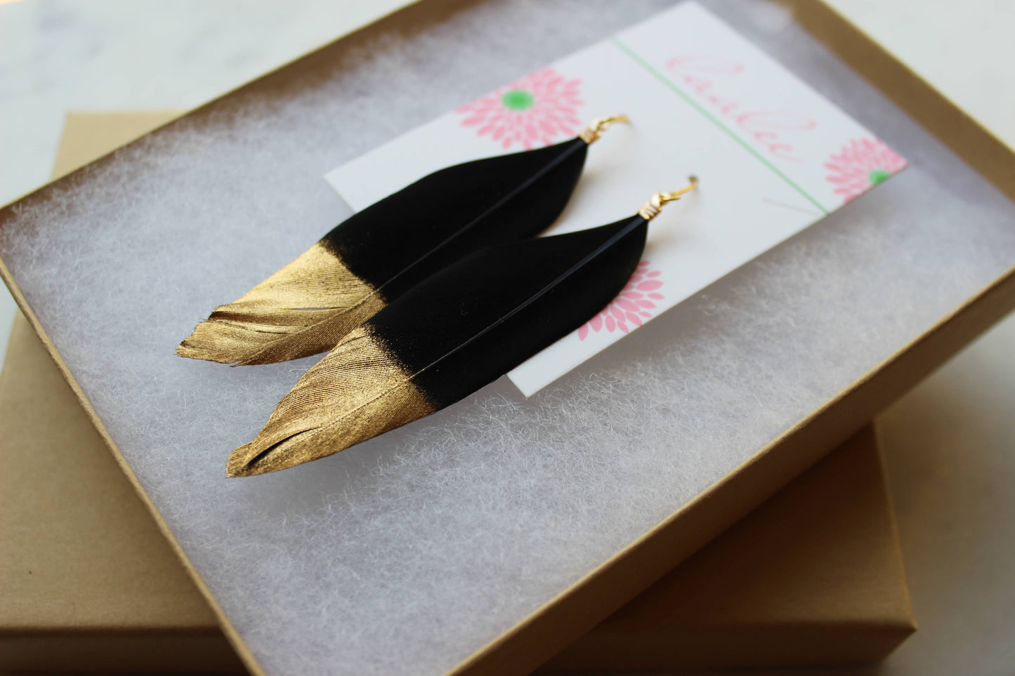 Dripping Gold Black Feather Earrings Statement New Orleans