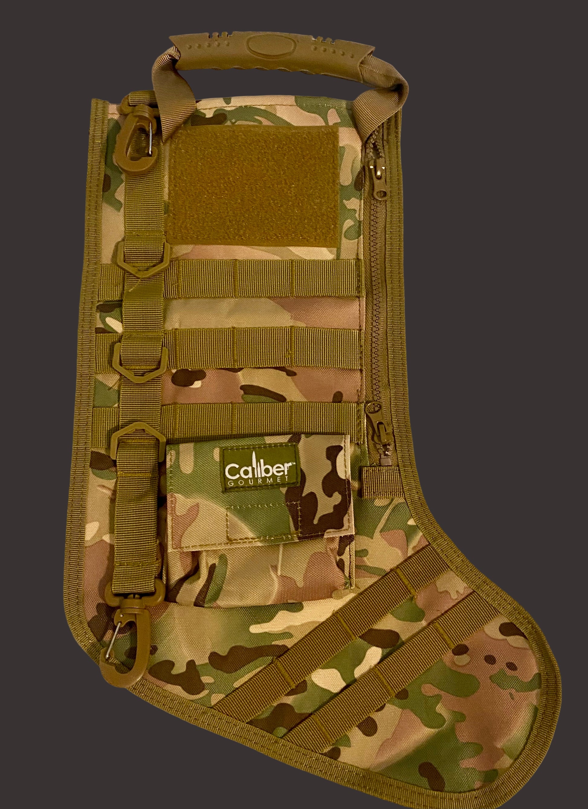 Camouflage tactical stocking with visible branding on a light background