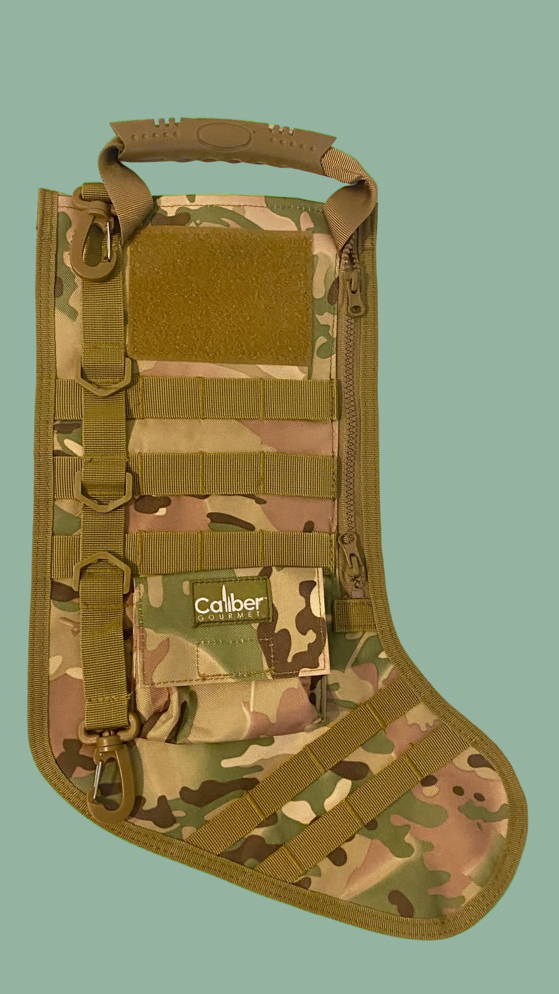 Camouflage tactical stocking with 'Colber' branding on a white background
