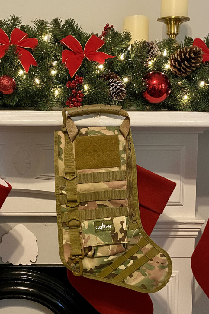 Camouflage tactical stocking with 'Caliber' branding on a white background