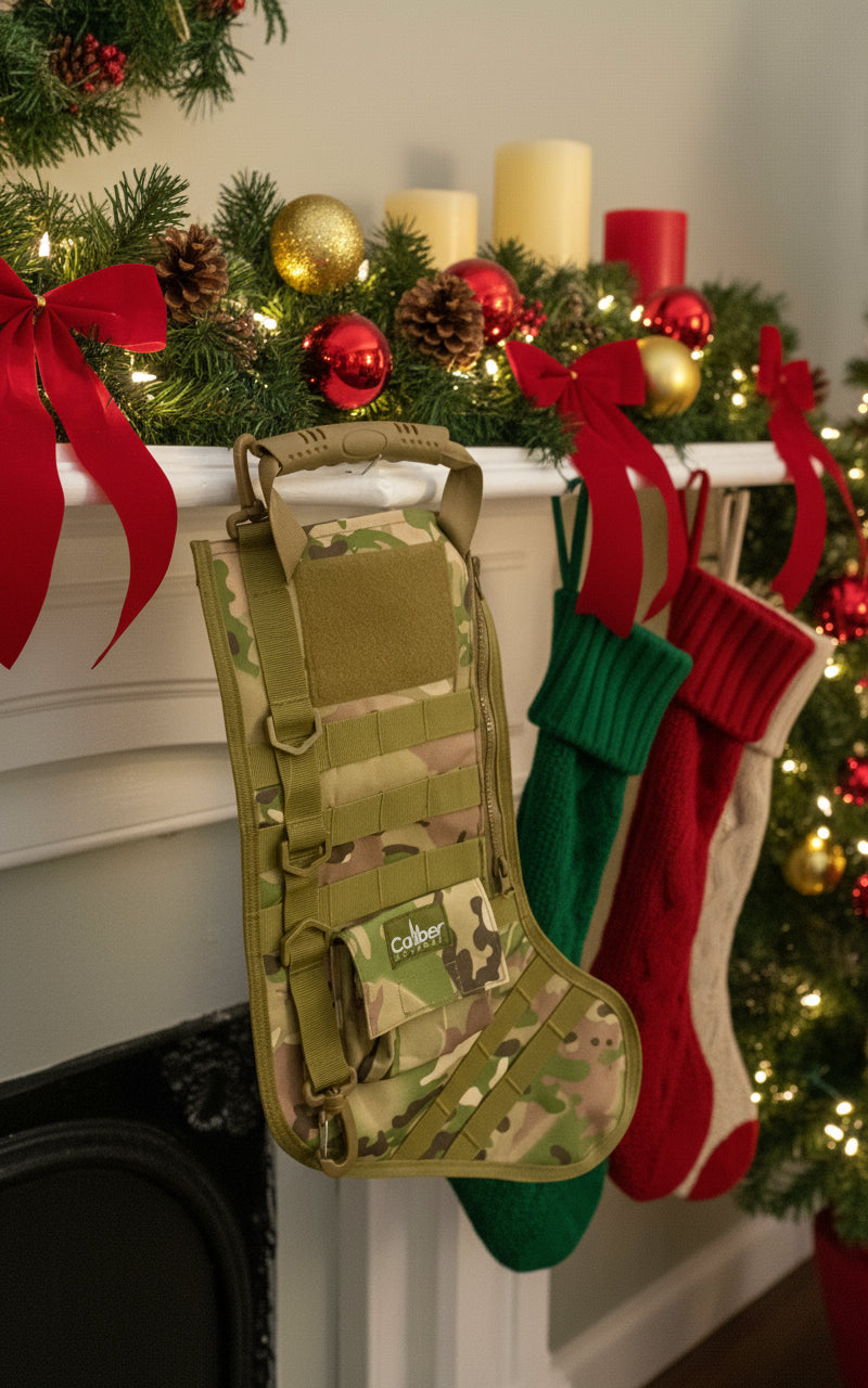 Camouflage tactical stocking with 'Caliber' branding on a white fireplace mantle.