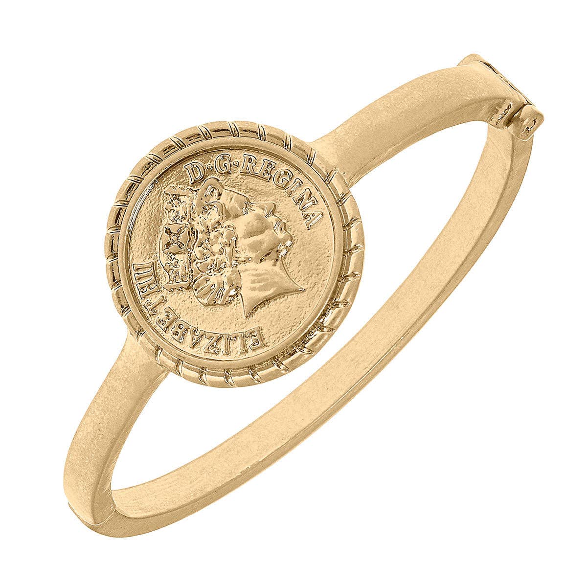 Queen Elizabeth Coin Hinge Bangle in Worn Gold Statement New Orleans