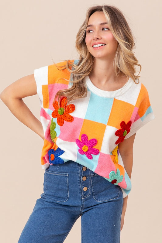 Flower Patch Checkered Sweater Vest