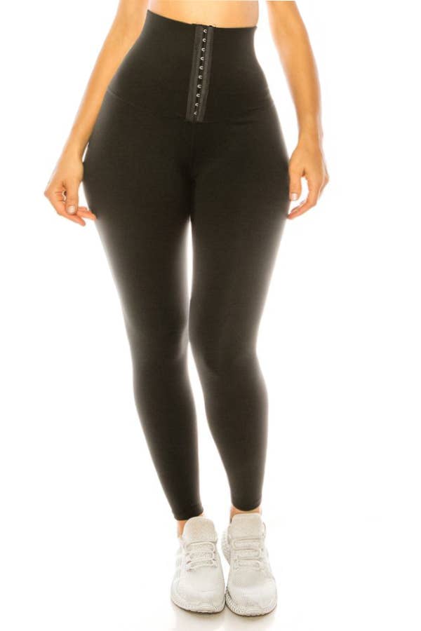 Solid Color High Waist Body Shaper Yoga Leggings – Adjustable Hook Waistband – Faja Toning Fit