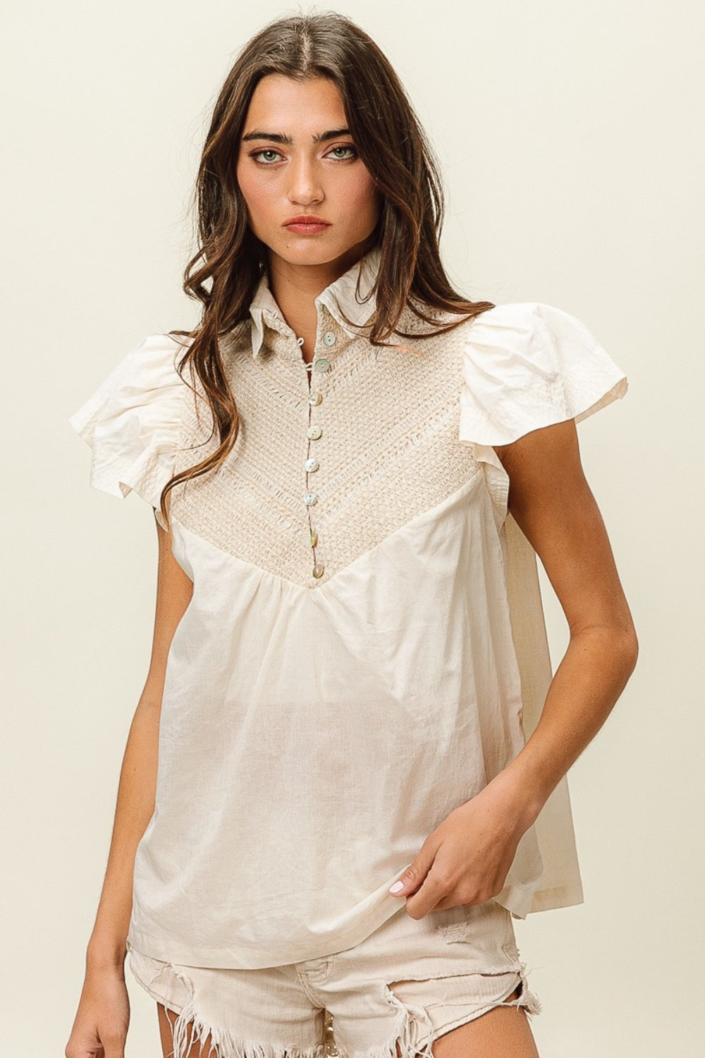 Half Button Collared Neck Short Sleeve Top