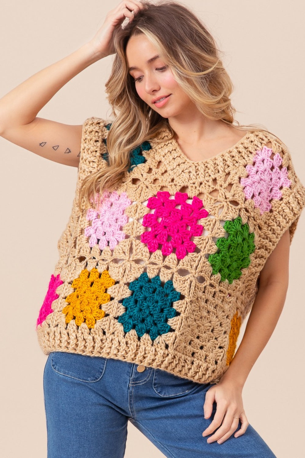 Granny Square Openwork Sweater Vest