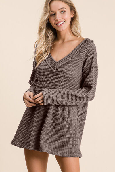 Mocha Waffle Knit V-Neck Babydoll Blouse