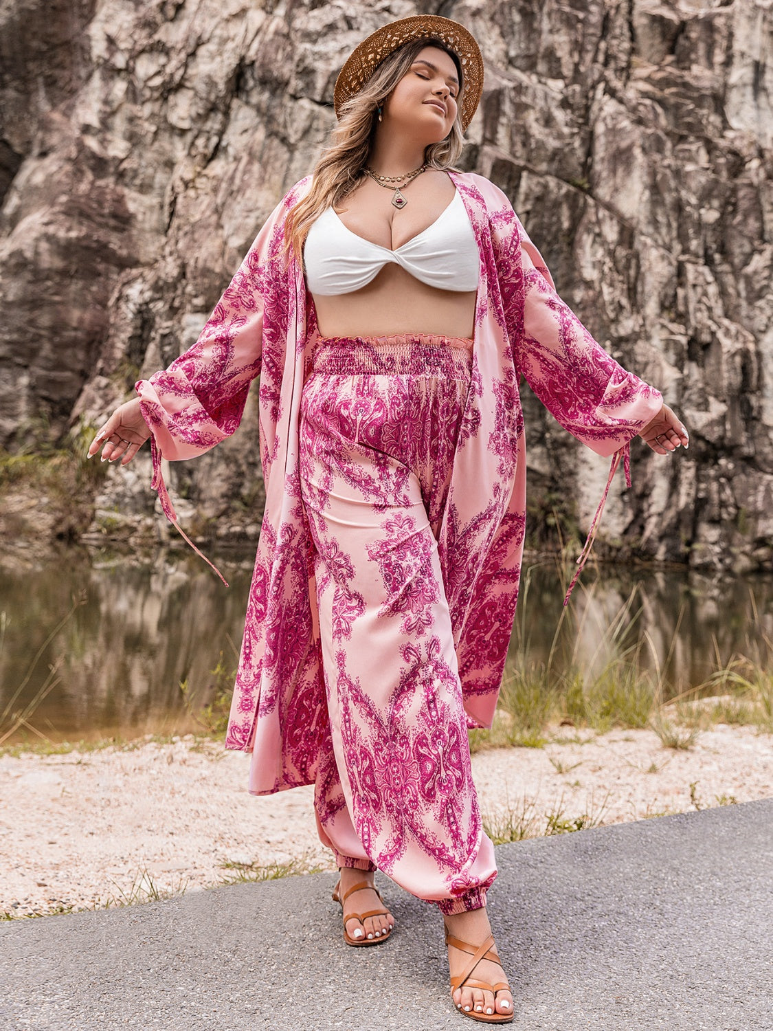 Open Front Kimono and Pants Set