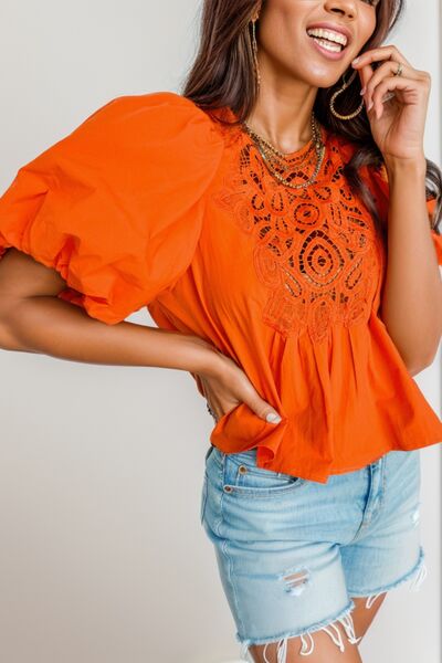 Pumpkin Openwork Statement Sleeve Blouse