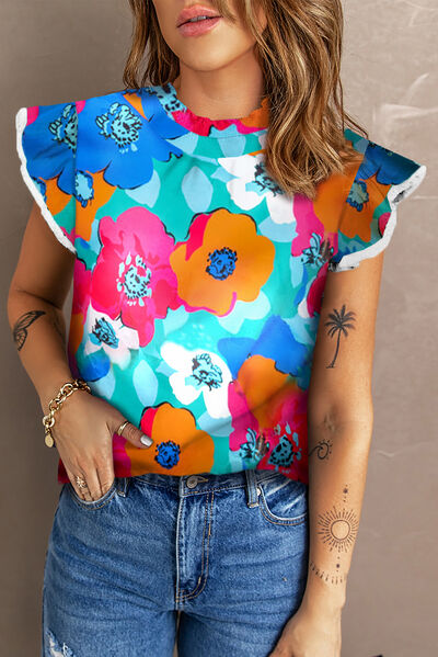 Groovy Floral Mock Neck Cap Sleeve Blouse