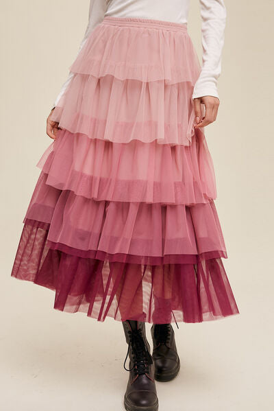 Rose Sweetheart Layered Tulle Midi Skirt