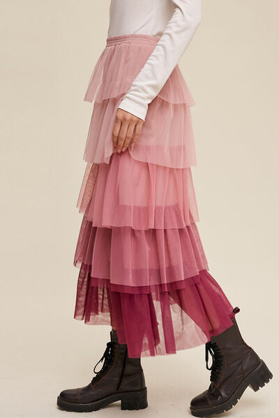 Rose Sweetheart Layered Tulle Midi Skirt