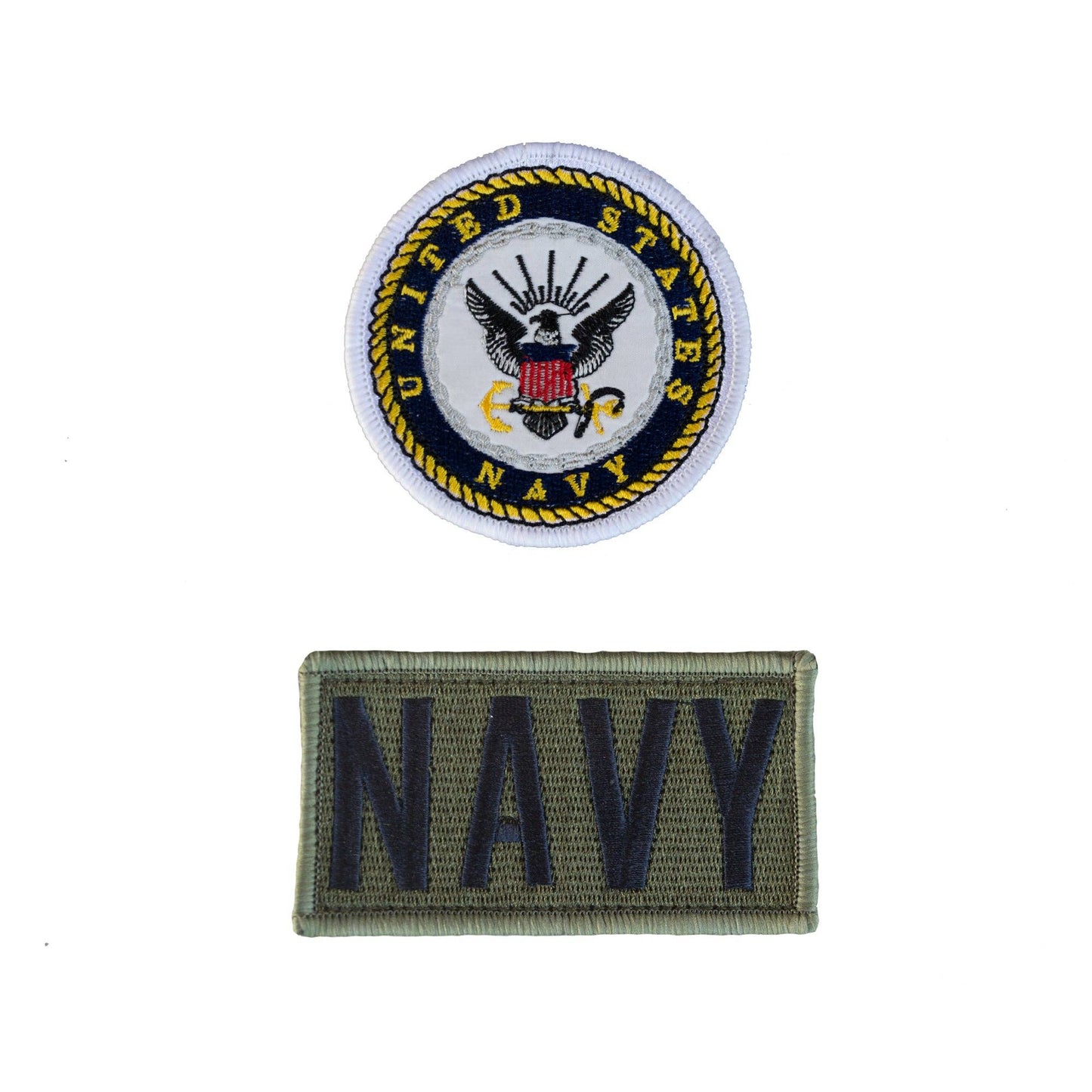 Two patches, one with a navy blue background and the United States Navy emblem, and the other with a green background and the word 'Navy' in white.